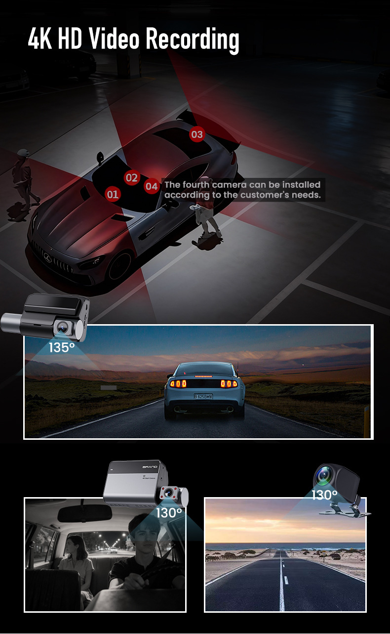 Cross-border 4G dashcam with four 4K cameras, remote monitoring, 24-hour surveillance, ADAS, BSD warning, and fleet management