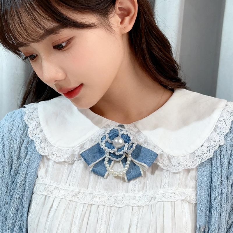French Style Camellia Brooch With Pearl And Blue Bow For Women_voghion.com