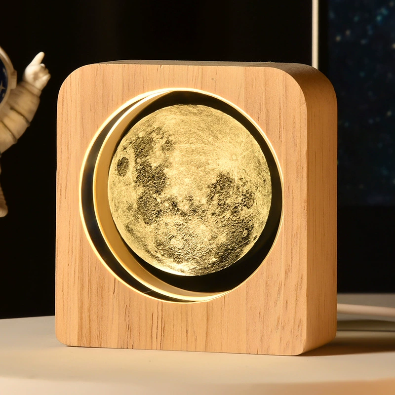 [跨境星球小夜灯3D图案内雕发光水晶桌面摆件木质底座景观节日礼物]