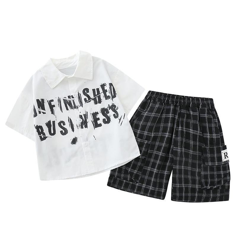 7195 traje de verano para niños y niñas 2025 nueva camisa falsa de dos piezas para niños de manga corta ropa fina de verano de dos piezas