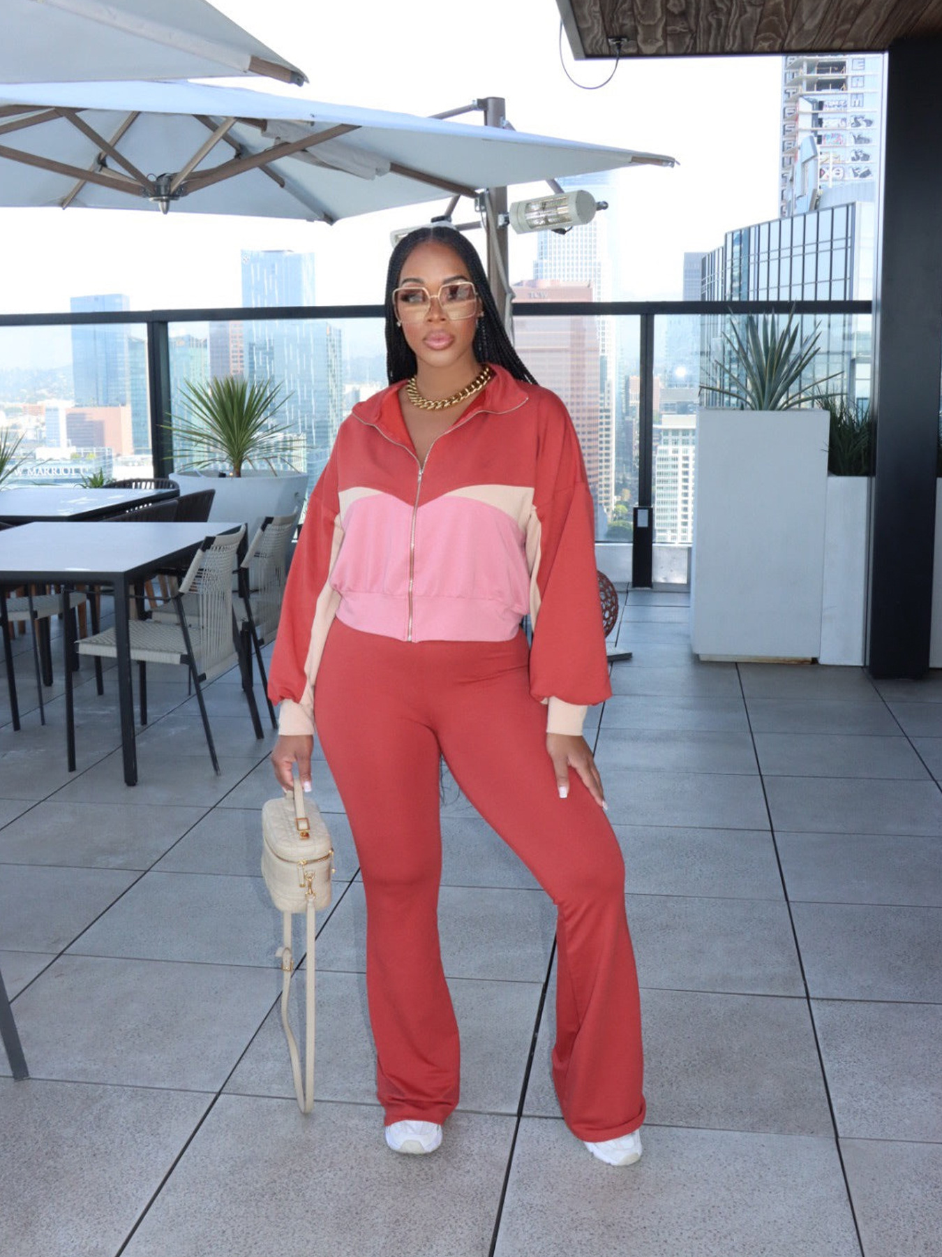 Women's Clothing Spring and Autumn Color Contrast Suit Zipper Color Matching Sports Cardigan Casual Two piece Suit_voghion.com