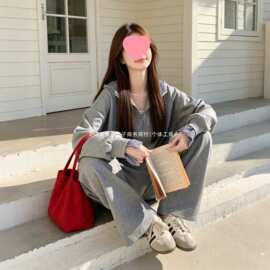 美式学院风休闲服套装女春秋宽松显瘦慵懒风假两件运动卫衣两件套