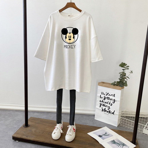 Cotton maternity summer top, mid-length loose plus-size T-shirt spring dress for pregnant women, summer maternity dress