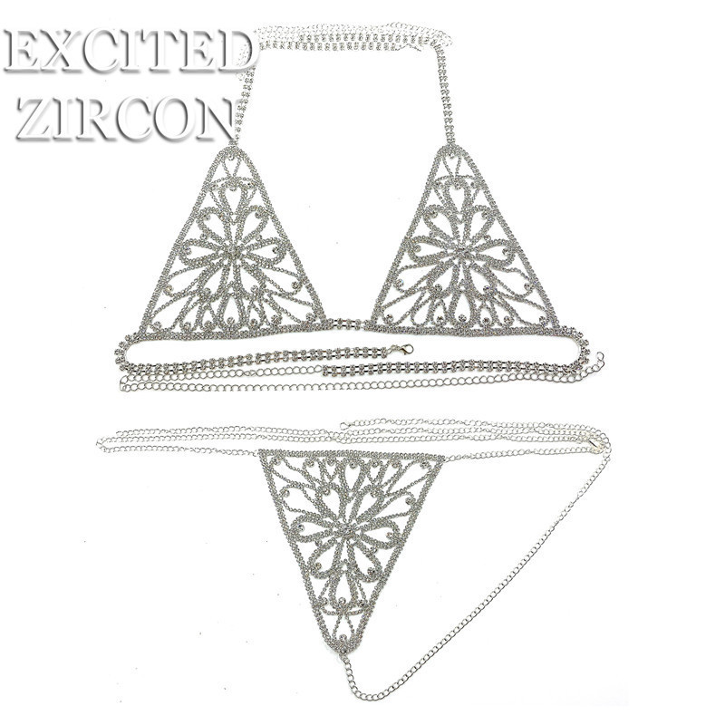 fashion rhinestone body chain bikini suit flower sexy flash diamond bra thong chain