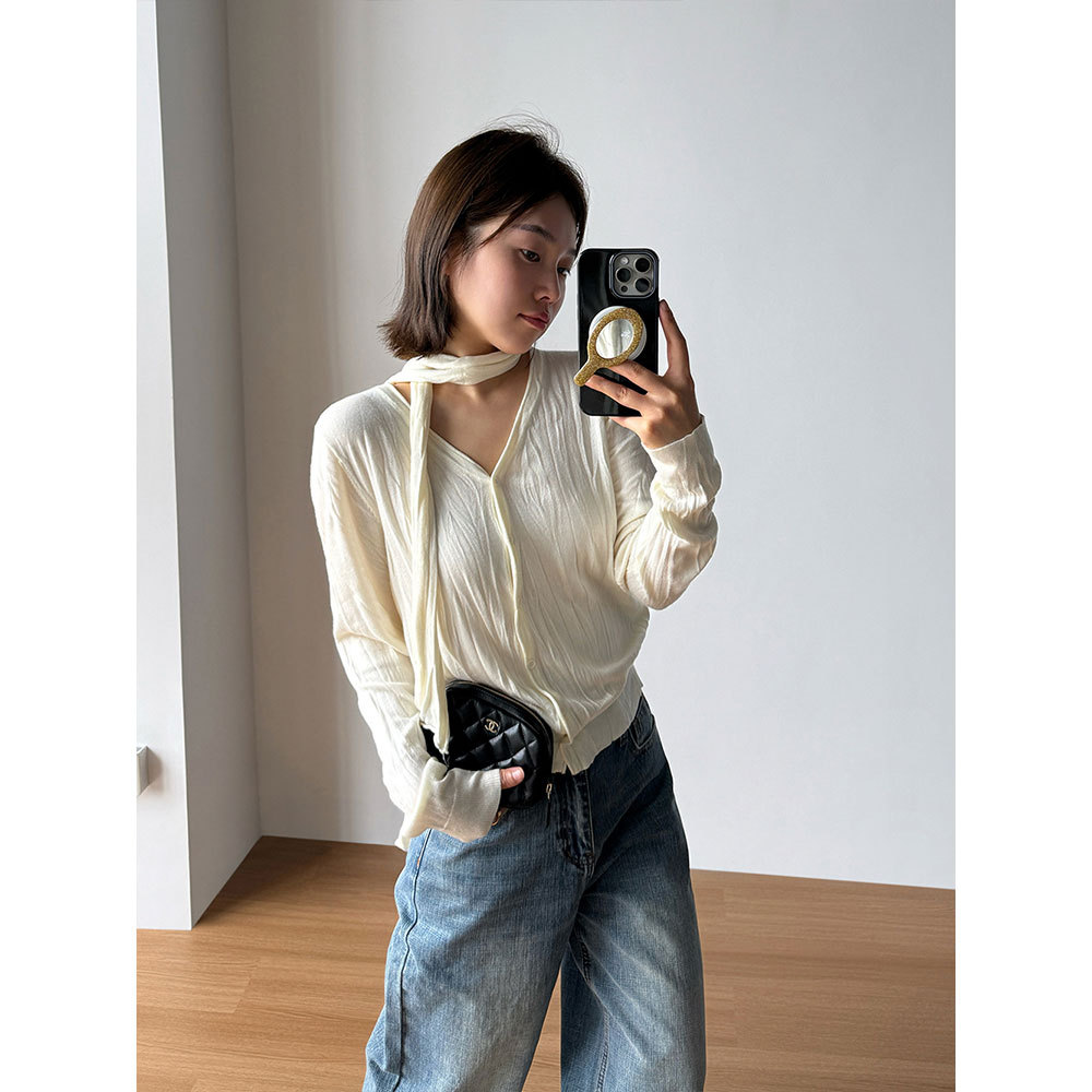 【王琪芝】知性褶皱肌理针织衫开衫女围巾领毛衣外套开衫潮WQ388