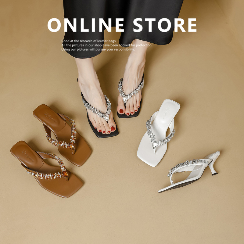 High-End Rhinestone Square-Toe High-Heeled Sandals, New Summer Style Fairy-Style Thin-Heeled Flip-Flops for Women High-End Rhinestone Square-Toe High-Heeled Sandals, New Summer Style Fairy-Style Thin-Heeled Flip-Flops for Women