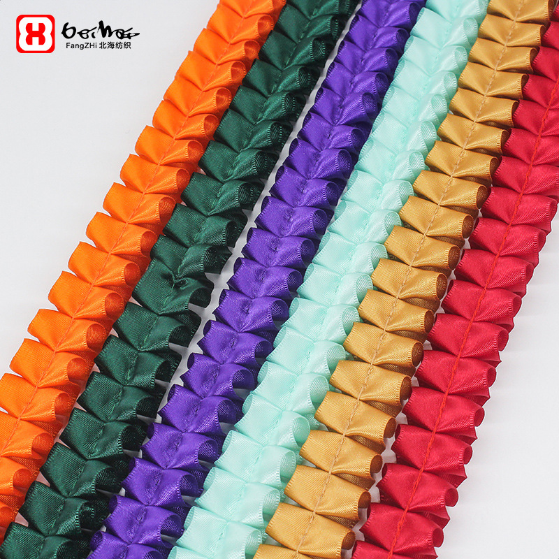 Fabricantes al por mayor de 2,5 cm de ancho doble poliéster plegado borde de lótus cinta DIY accesorios de ropa hecha a mano decoración cinta de encaje