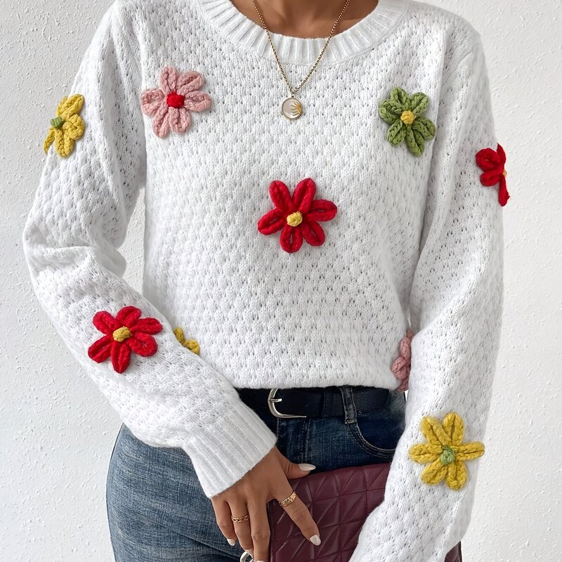 Casual Long Sleeve Drop Shoulder Floral Design Crew Neck跨境|undefined
