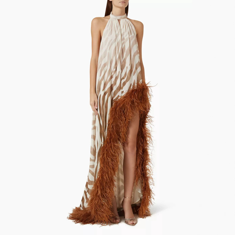 2026 New Amazon Summer Slim-Fit Sexy Zebra Print Feather Trim Strap Long Dress 2026 New Amazon Summer Slim-Fit Sexy Zebra Print Feather Trim Strap Long Dress
