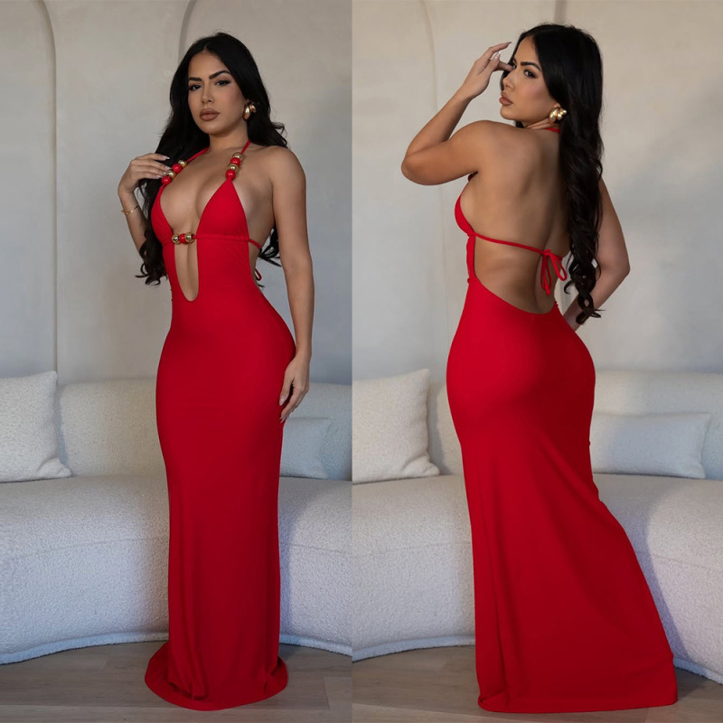 ZY6106 Cross-border European and American Sexy Deep V-neck Beaded Slim Dinner Dress dress Backless Strap Long Dress ZY6106 Cross-border European and American Sexy Deep V-neck Beaded Slim Dinner Dress dress Backless Strap Long Dress