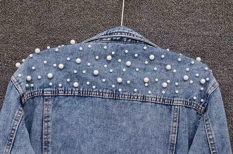 Damen-Jeansjacke mit Perlenverzierungen, kurze Länge, Übergröße, stilvoll und bequem für die Freizeit – Schwarz, Weiß, Himmelblau_voghion.com