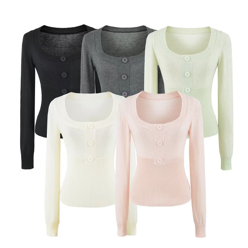 Korean-style sweet and elegant square-neck knit sweater for women, 2026 autumn gentle style, suitable for layering or wearing alone, long-sleeved base sweater top