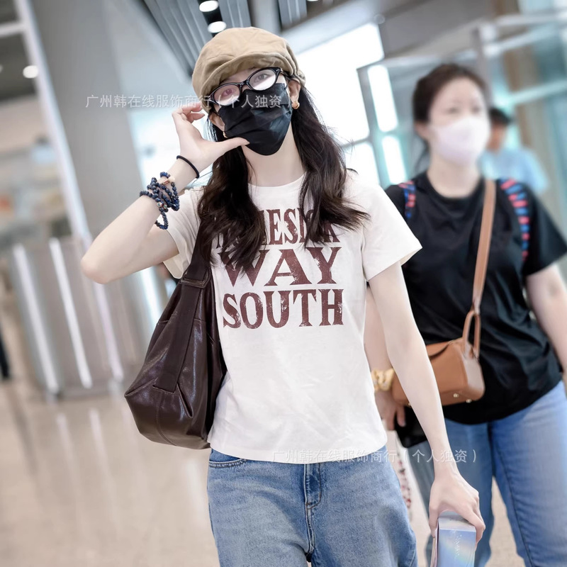 Korean Niche Fashion Brand O..Yy Vintage Distressed Letter Print Round Neck Short-Sleeve T-Shirt, Same Style as Bai Lu, Slim Fit