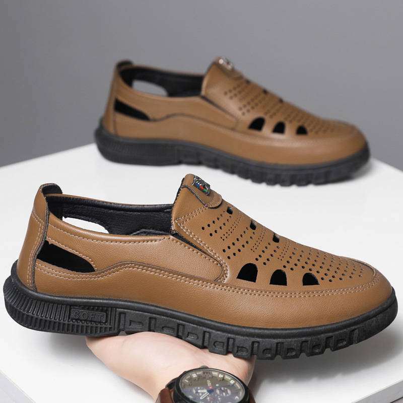 Estilo caliente 2025 primavera y verano sandalias de hombre, fondo suave transpirable, sandalias de cuero huecas antideslizantes para padres de mediana edad y ancianos