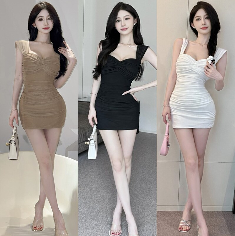 3743 Nightclub Work Clothes Sexy Mesh Pleated Vest Halter Tube Top Dress Slim-fit Skinny Black Dress 3743 Nightclub Work Clothes Sexy Mesh Pleated Vest Halter Tube Top Dress Slim-fit Skinny Black Dress