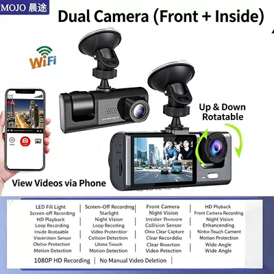 Three-lens car dashcam with front, rear, and interior recording, wide-angle lens, WiFi connectivity for mobile phone playback, and rearview camera