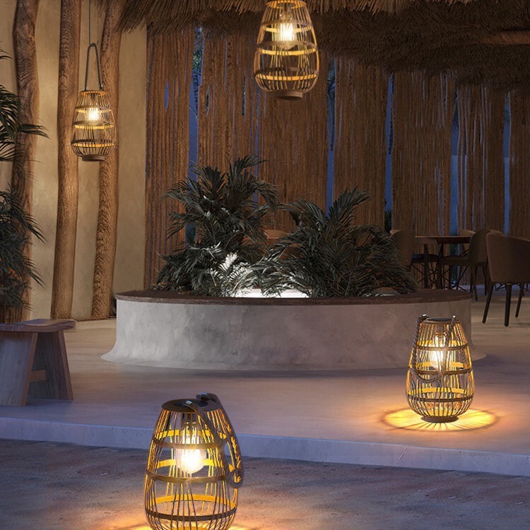 Outdoor Solar Courtyard Portable Lamp Antique Hanging Decoration Garden Atmosphere Floor Lawn Lantern Rattan Woven Lamp