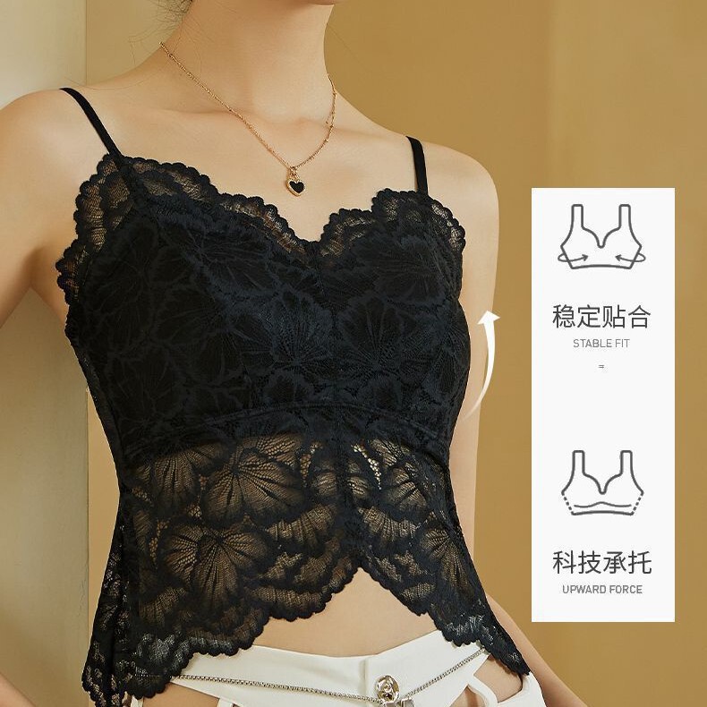 胸パッド付き蝶花燕尾蝶柄美背ベスト、通気性のあるフレンチレース、スリムフィット、露出防止、背中見せレディースキャミソール|undefined