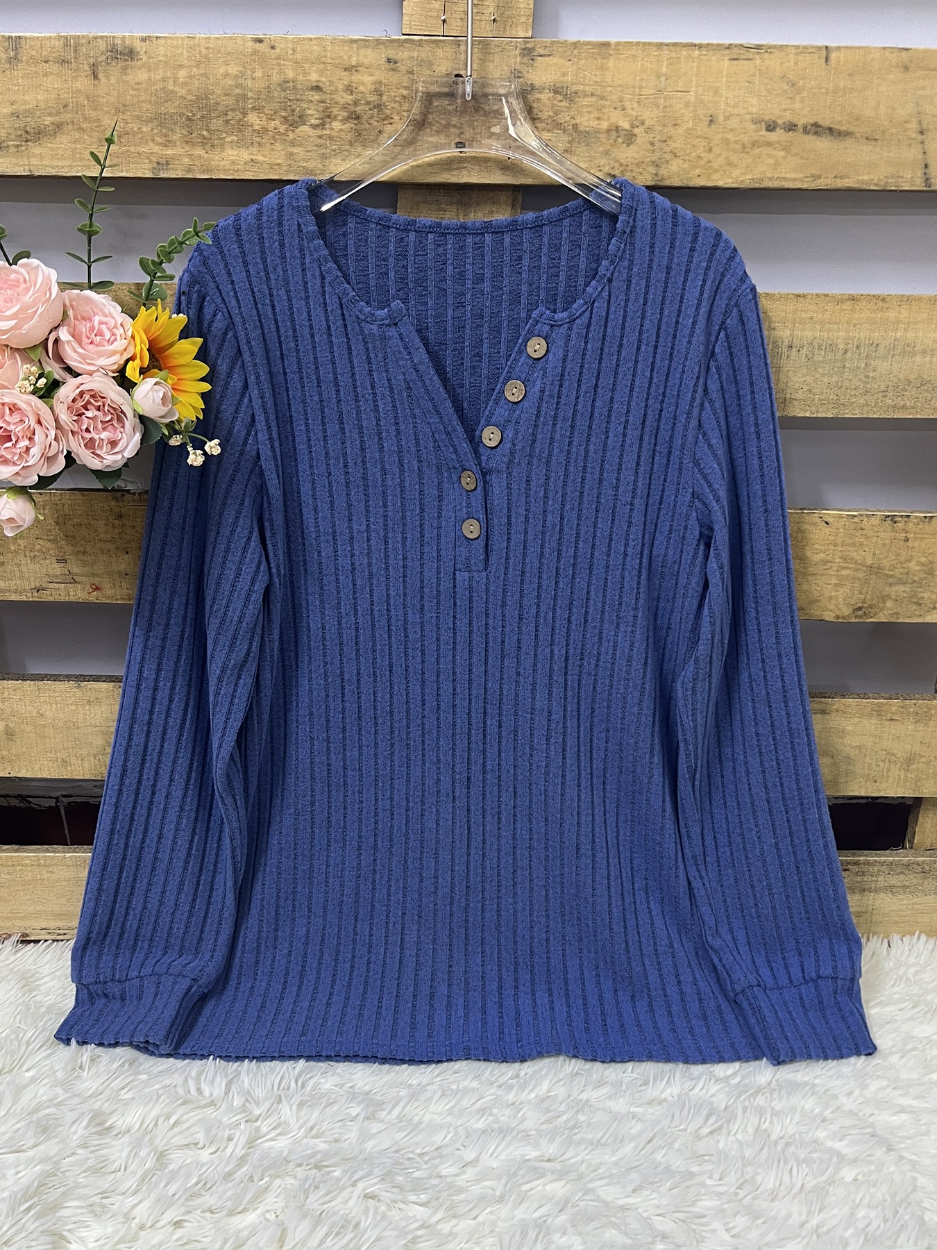 Women's Clothing Round Neck Casual Knitted T-Shirt Long Sleeve Button Detail Autumn/Winter_ecoleips.com