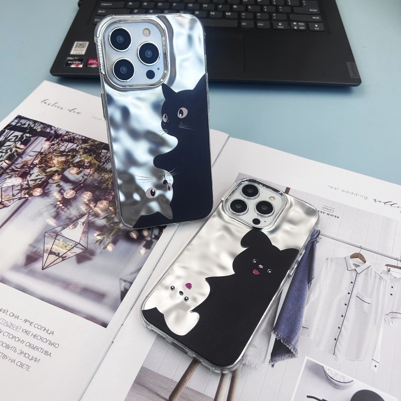 Nicho gato blanco y negro iPhone13 electrochapado agua ondulación 14 caja del teléfono Promax 12 para Apple 15 pareja