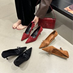 2025秋季绒面尖头高跟鞋单鞋女新款细跟鞋子蝴蝶结浅口女鞋一脚蹬