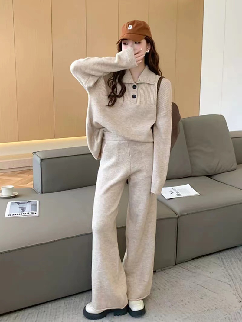 Herbst und Winter neuer Anzug lässiger Pullover Polokragen Strickpullover weite Beinhose zweiteiliges Set für Damen_voghion.com