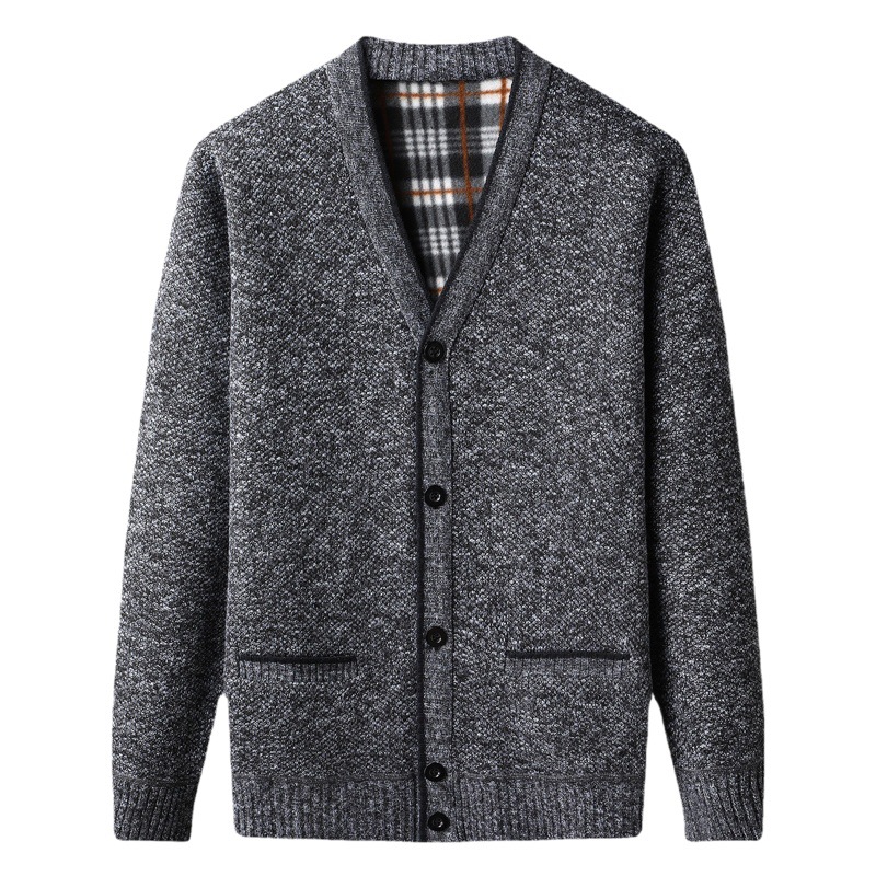 [Forrado de vellón engrosado] Nuevo invierno de mediana edad y ancianos hombres de lana forrado Botón de punto cardigan suéter abrigo de papá