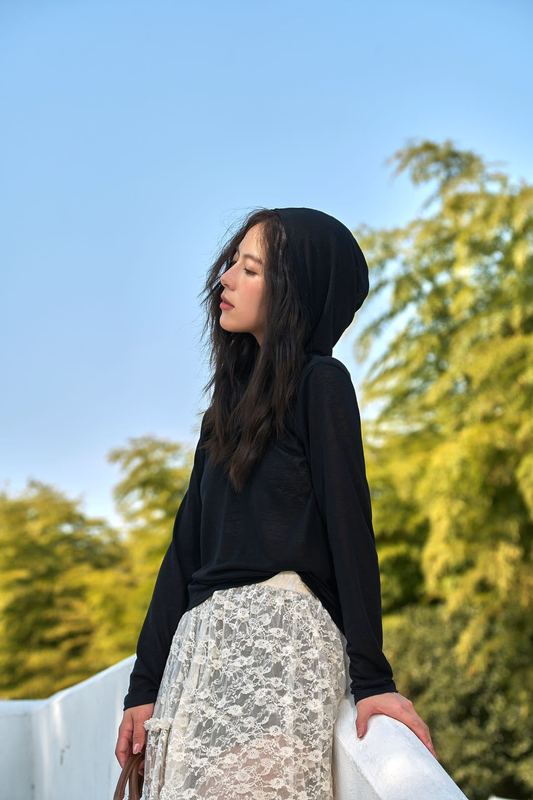 莱赛尔天丝连帽防晒罩衫慵懒风微透薄款长袖t恤女士夏季宽松上衣|undefined