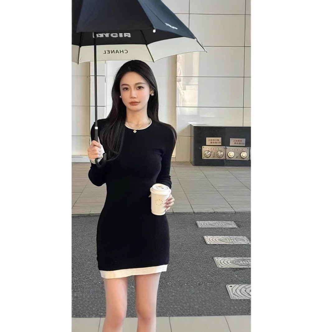 2025 Autumn/Winter Color-Block Knitted Base Layer Elegant Women's Slim-Fit French Style Hot Girl Bodycon Short Skirt