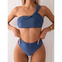 欧美单肩褶皱比基尼性感高腰遮肚度假分体泳衣女跨境爆款泳衣