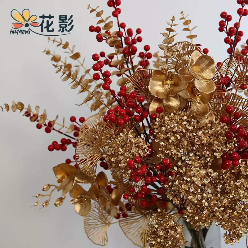 金色仿真尤加利叶银杏叶新年小扇子年宵花福桶材料装饰花束包装