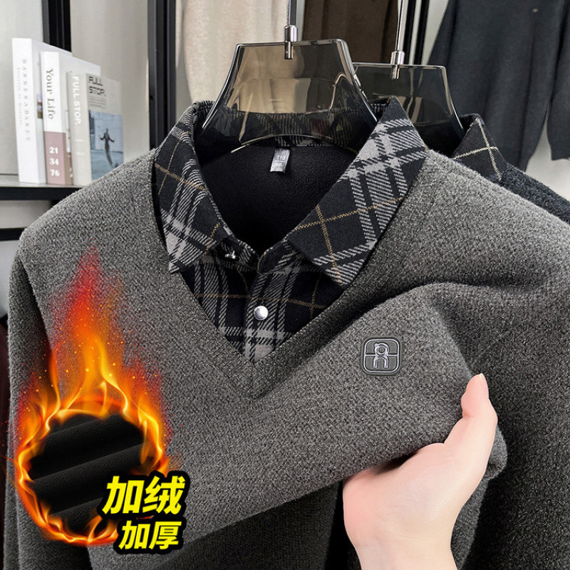 Winter Men's Thermal Underwear, Faux Two-Piece Shirt Collar Knit Sweater, Fleece-Lined and Thickened Sweater with Collar for Men to Wear Outside Winter Men's Thermal Underwear, Faux Two-Piece Shirt Collar Knit Sweater, Fleece-Lined and Thickened Sweater with Collar for Men to Wear Outside