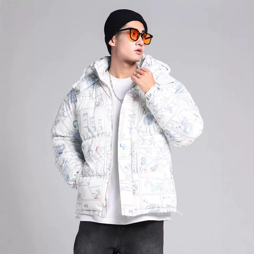 设计师款韩系棉服男女棉衣数码印面包服冬季加厚连帽外套宽松防水