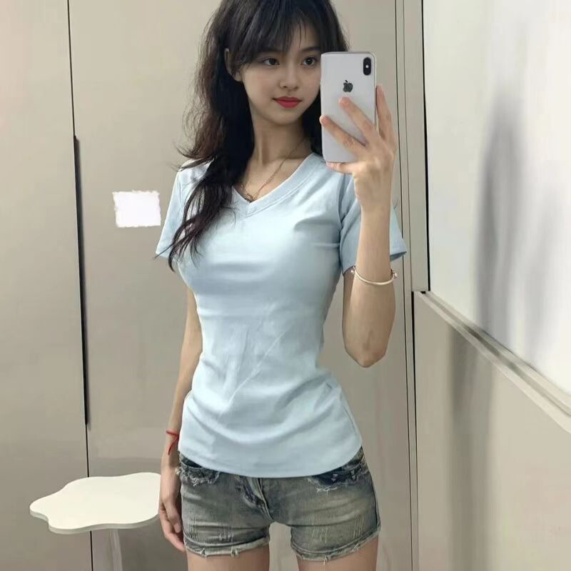 Pure Cotton Slimming Student Hot Girl Regular Shoulder Collar Regular Short Sleeve T-Shirt Summer 2025 New Slim Simple V-Neck Top