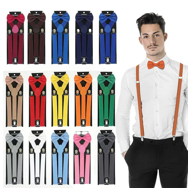 Children's Suspender and Bow Tie Set, Adult Elastic Suspenders with Double Shoulder Anti-Slip Clips, Two-Piece Set for Men and Women, Three-Clip Two-Style Suspenders