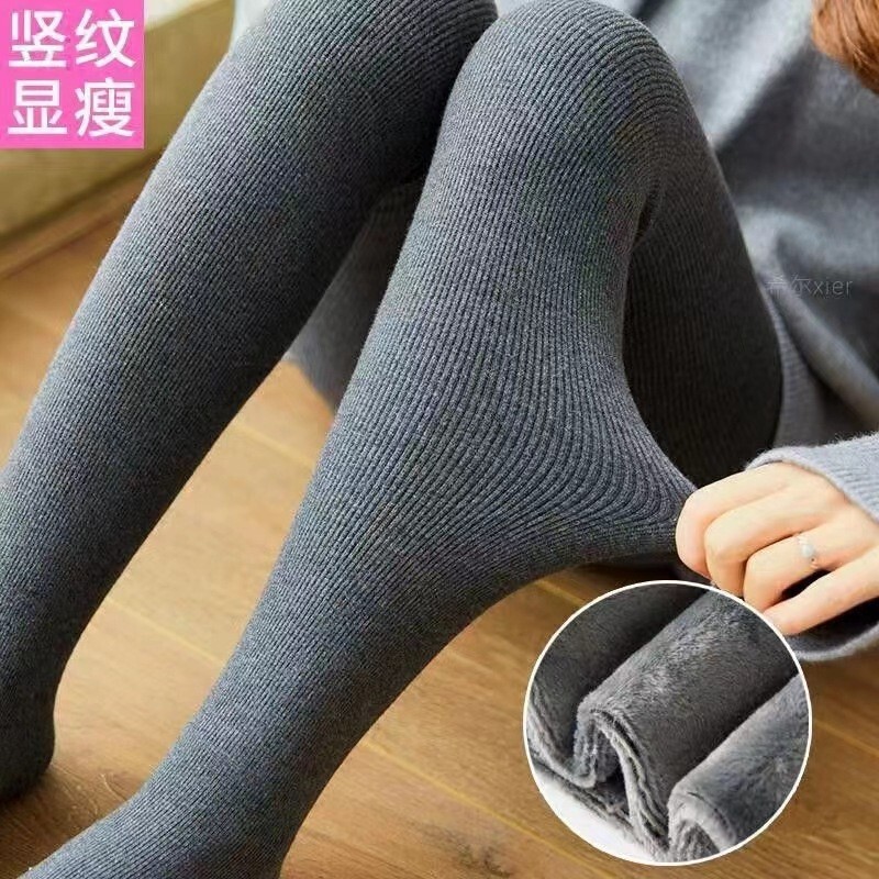 Autumn and Winter fleece-lined Thickened Thread Cotton Vertical Striped Leggings Outer Wear Foot Warm Pants Women's One-piece Pants