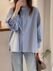 大码港风蓝色复古长袖衬衫女2025秋新款衬衣胖宽松显瘦上衣
