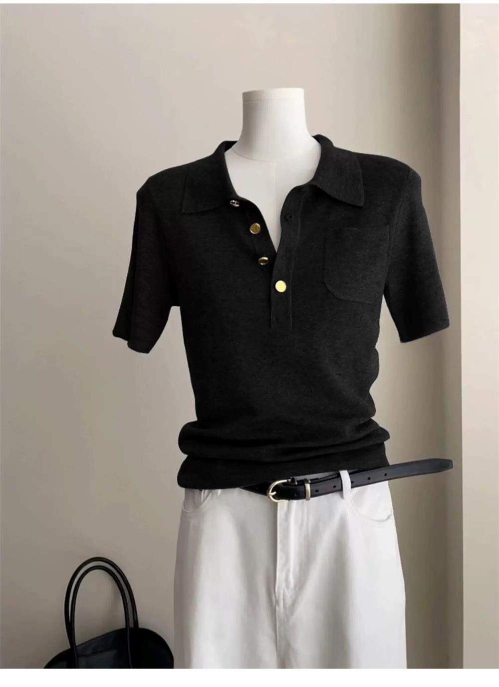 Áo polo nữ tay ngắn ôm body màu xám cao cấp — đen chi tiết 4