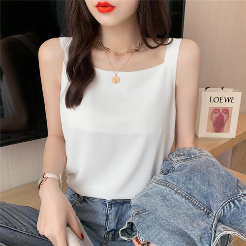 Women's Square Collar Strappy Tank Top  Summer Chiffon Loose Black and White Innerwear Outerwear Sleeveless Base Shirt Top Wholesale