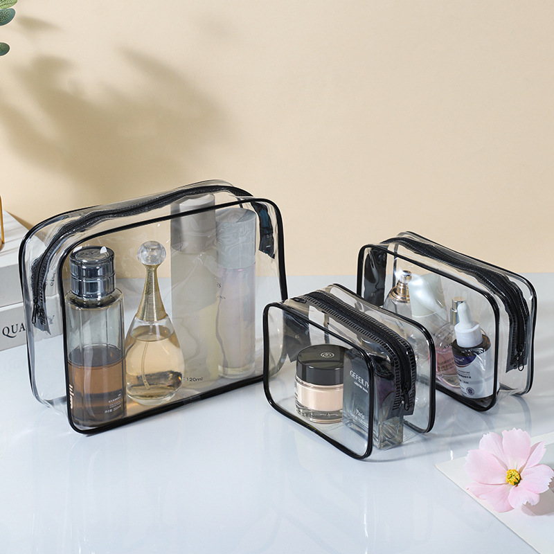 PVC transparent makeup bag three-piece set, large-capacity waterproof toiletry storage bag, portable transparent storage bag for lazy people