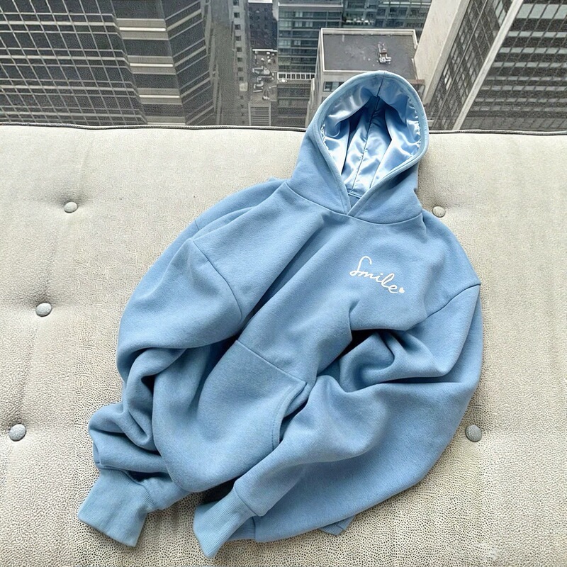Light blue satin-lined hooded sweatshirt with simple letter embroidery, loose fit, kangaroo pocket, casual pullover top