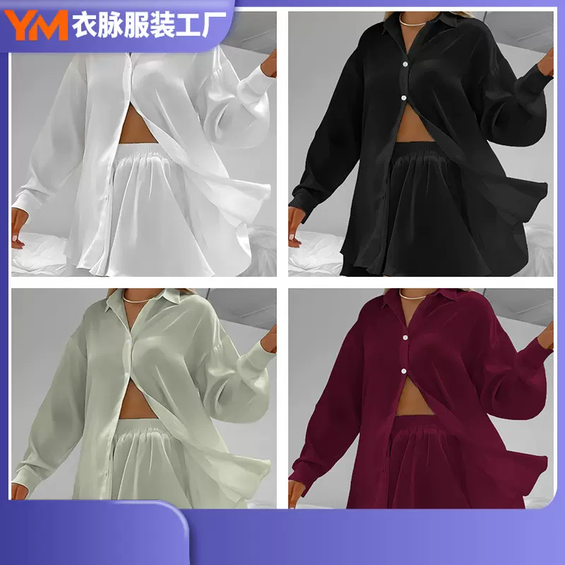 2025跨境新款翻领长袖短裤裙两件套时尚休闲舒适家居服套装批发