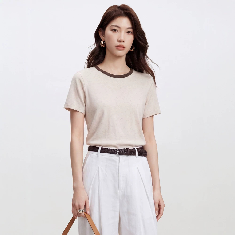 高级感撞色亚麻正肩女t恤2026女装新款上衣女夏百搭修身针织短袖