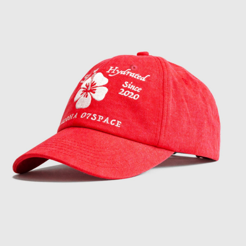 新款显脸小百搭时尚扶桑花刺绣夏威夷弯檐帽蓝色红色水洗纯棉棒球|undefined