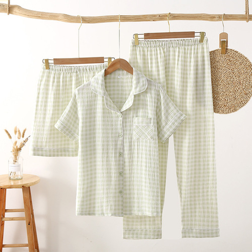 Women's summer gauze three-piece pajamas, simple Japanese plaid spring and autumn pure cotton double-layer gauze home pants, cotton trousers