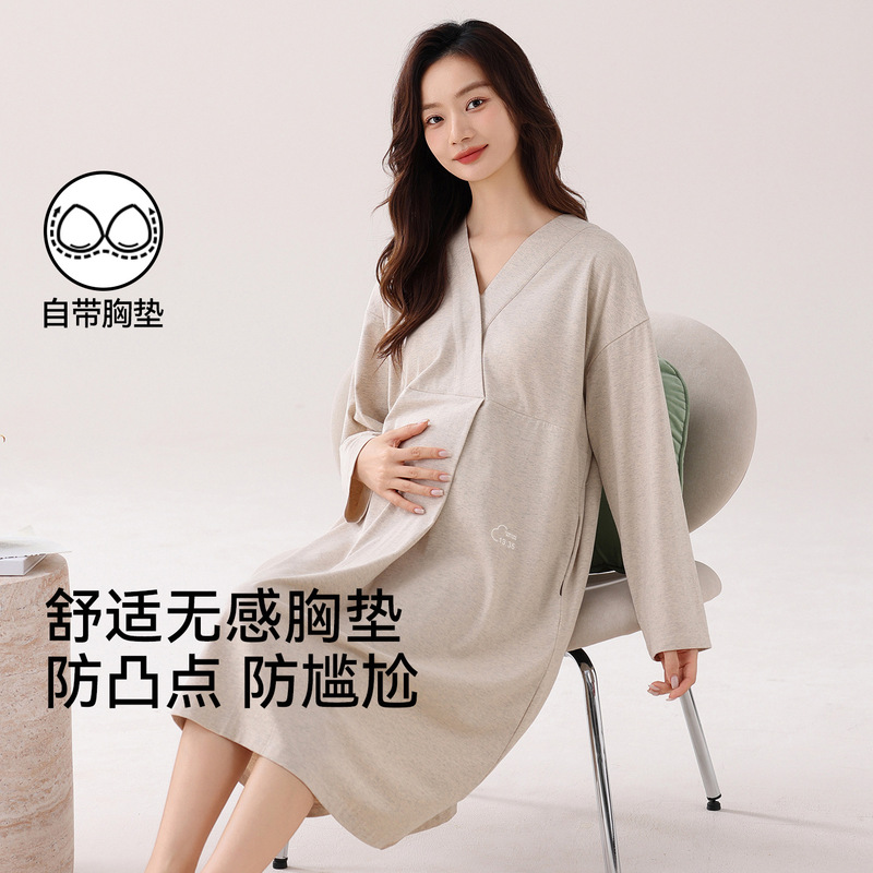 Maternity Pajamas with Breast Pads for Breastfeeding, Postpartum Pure Cotton Long-Sleeved Pregnancy Mid-Length Nightgown for Spring and Autum