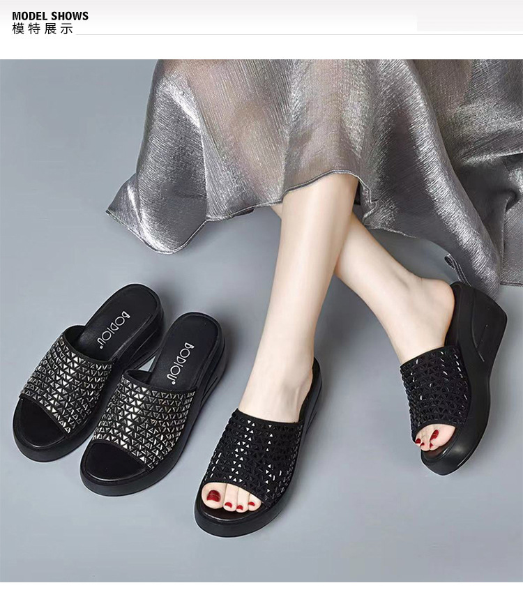 Dép sandal nữ đế xuồng đính đá tăng chiều cao — Màu đen chi tiết 2