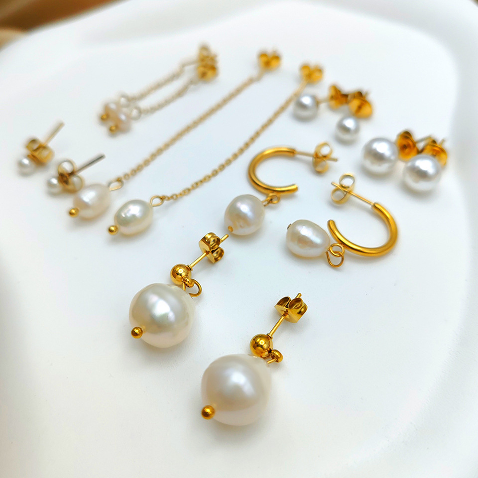 Freshwater Pearl, Titanium Steel Material 1 Pair 14K Gold Plated Freshwater Pearl Titanium Steel Pearl Geometric Drop Earrings Ear Studs