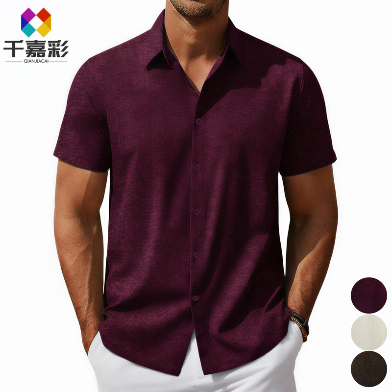 Foreign Trade Cross-border Men's European and American Gold Velvet Fabric Square Collar Casual Shirt Solid Color Short-sleeved Men's Shirt A0406