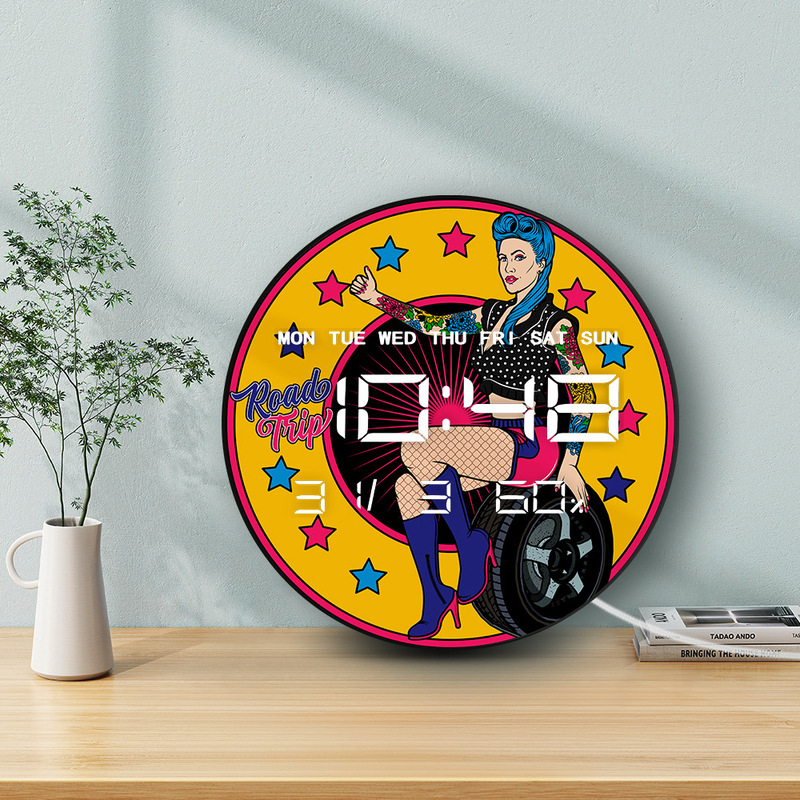Tattooed Hot Girl and Tire Retro Style Wall Clock Electronic Multifunctional Home Clock Temperature Humidity Silent Wall Clock Tattooed Hot Girl and Tire Retro Style Wall Clock Electronic Multifunctional Home Clock Temperature Humidity Silent Wall Clock